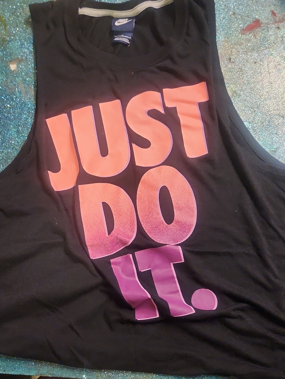 Nike Women’s Black Tank with Pink-to-Purple Gradient "Just Do It."